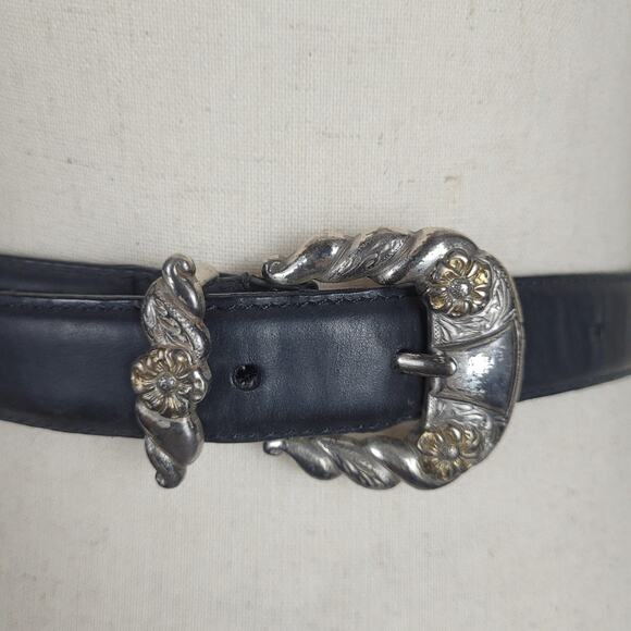 VTG 3D DDD Belt Small Black Leather Floral Ornate Engraved Cowgirl Western Rodeo